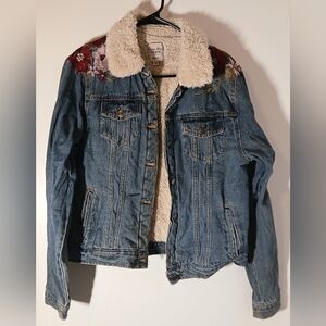 Blue Denim Jacket with Red Floral and Cream Sherpa